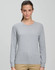 A long-sleeve tee shirt in light grey, featuring a round neckline and a fitted design. It has a logo on the chest.