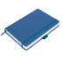 A blue debossed notebook with a matching elastic band closure and a logo on the cover.