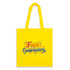 A vibrant yellow tote bag featuring faux embroidery design and an attached logo.