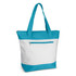 A tote bag featuring a turquoise and white design, with a zippered front pocket and two shoulder straps.