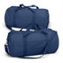 A navy canvas duffle bag with dual handles, a shoulder strap, and a zip closure, featuring an exterior pocket.