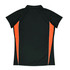 A black polo shirt featuring orange side panels and a collar, with a logo on the back.