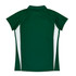 A green polo shirt with white side panels and a short collar, featuring a logo on the back.