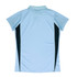 A light blue polo shirt with short sleeves and black side panels, featuring a collar and a logo.