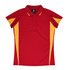 A red polo shirt with yellow accents and a logo, featuring a classic collar and button placket.