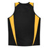 A black singlet with yellow side panels and a logo on the back.
