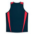 A dark blue singlet with red side stripes and a logo on the back.