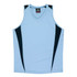 Light blue singlet with black side accents and a v-neck design, featuring a logo on the label.