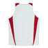 A sleeveless shirt in white with red accents, featuring a logo on the back.