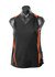 A black singlet with orange accents, featuring a v-neckline and a logo on the side. Suitable for active wear.