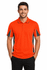 A men's polo shirt in bright orange with grey accents, featuring a collar and short sleeves. It has a logo.