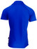 A blue men's polo shirt featuring a logo and contrasting side stripes. The back view highlights its sleek design.