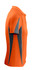 An orange polo shirt featuring grey highlights and a logo on the chest, displayed from the side.
