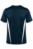 A navy blue men's t-shirt featuring white side panels and a logo on the back.