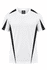 A white men's t-shirt with black accents on the sides and a logo on the inner collar.