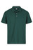 A dark green polo shirt featuring a collar, short sleeves, and a three-button placket. It has a logo.