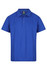 A blue polo shirt featuring a collar and three buttons, with a small logo on the chest.