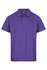 A purple polo shirt with a classic collar and three buttons, featuring a logo on the label.
