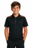 A black polo shirt with orange accents, worn by a smiling child. The shirt has a collar and buttons.