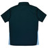 A dark green polo shirt with light blue sides and a collar, featuring a logo on the fabric.