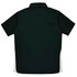 A dark green polo shirt with short sleeves features a white side panel and a collar. It has a logo on it.