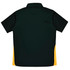 A dark green polo shirt with yellow side panels and a collar, featuring a logo on the front.