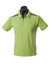 A green polo shirt featuring a collared neck and blue accents, displayed on a mannequin. It has a logo.