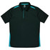 A dark green polo shirt with light blue accents and a collar, featuring a logo.