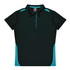 A dark green polo shirt with light blue accents and a collar, featuring a button-down placket and a logo.