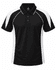 A black and white polo shirt featuring a logo and a classic collar design.