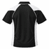 A black polo shirt with white panels on the sides and a collar. The back view highlights the design and colour contrast.