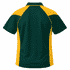 A polo shirt featuring a dark green body with yellow side panels and a collar, showcasing a logo on the back.