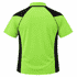 A bright green polo shirt featuring black accents on the sides and back. It has a solid design and a collar.