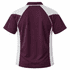 A polo shirt featuring maroon and white colours with a sporty design and a logo on the back.
