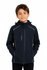 A black kids' jacket featuring a zippered pocket, with a hood and contrasting grey detailing. It has a logo on the front.