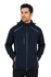 A navy blue soft shell jacket with a zippered front, hood, and side pockets, featuring a logo.