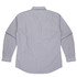 A long sleeve button-up shirt in blue and white stripes with a classic collar and cuffed sleeves. It has a logo.