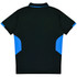 A black polo shirt with blue accents on the sides and a collar, featuring a logo on the front.