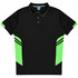 A black polo shirt with neon green accents and stripes on the sides, featuring a collar and buttons.
