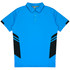 A blue polo shirt with black side panels and a collar, featuring a logo.