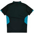 A dark green polo shirt featuring turquoise side panels and a collar. The shirt has a logo on it.