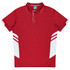 A red polo shirt featuring white accents and a branded logo on the chest. Suitable for kids.