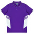 A purple polo shirt with white side panels and a collar, featuring a logo on the chest.