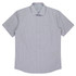 A short-sleeve button-up shirt featuring a striped pattern in light blue and white, with a chest pocket and logo.