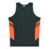 A dark green singlet with orange accents and black stripes. It features a logo on the label.
