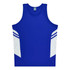 A blue singlet with white side panels and a logo on the chest. Suitable for kids.
