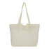 A spacious cream canvas bag with long handles and a simple design. Features a logo on the side.