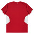 A red T-shirt with white accents on the sides and a small branding logo on the back.