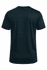 A black t-shirt with a round neckline and short sleeves. The back view is displayed, featuring a logo.