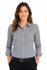 A long sleeve button-up shirt in a black and white checked pattern, featuring a logo on the chest.